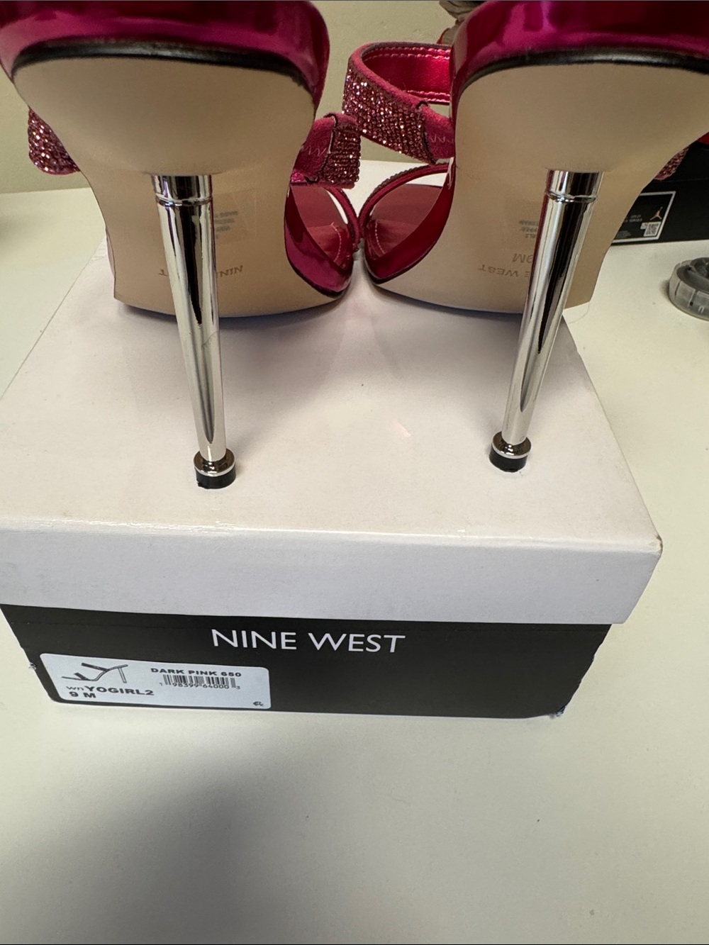 Nine West Metallic Fuchsia Slide Heels with Rhinestone Straps - Picture 2 of 3